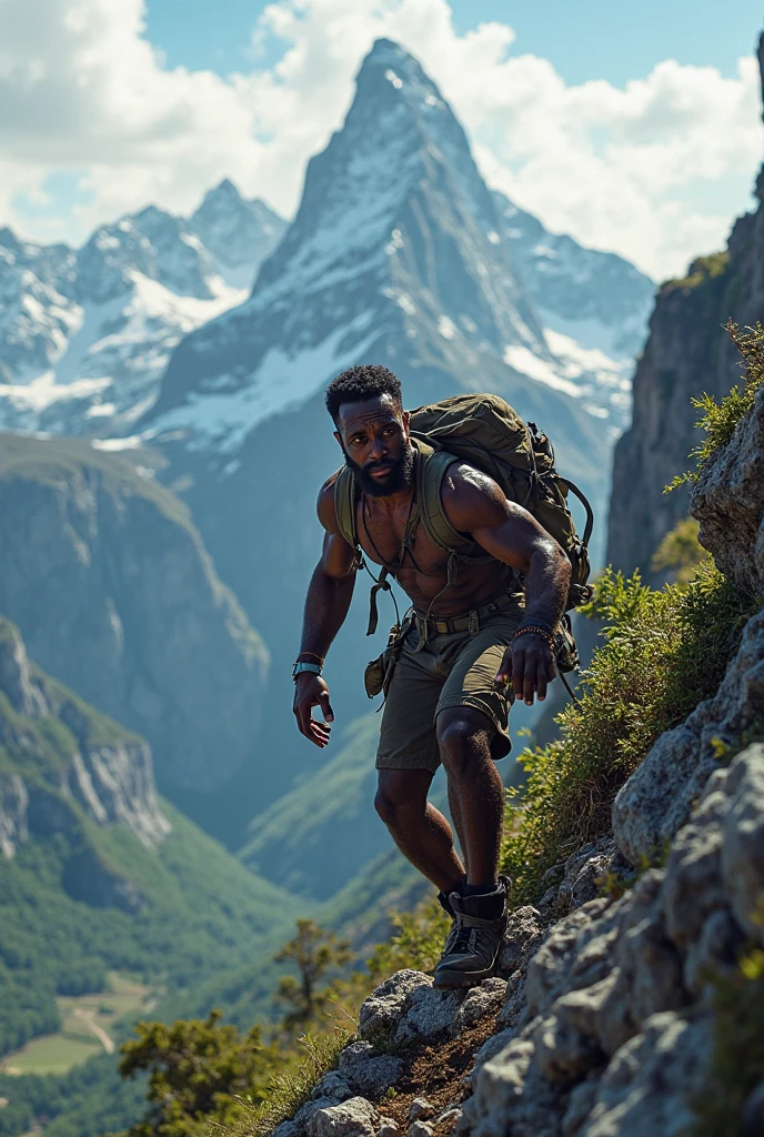 I would like an image of a young, 29-year-old, strong, bald, brown-skinned man with a beard, shirtless, standing alone, looking at the horizon in a beautiful, striking landscape that has everything to do with the following phrase: , " No distractions, only God, me and my goals".