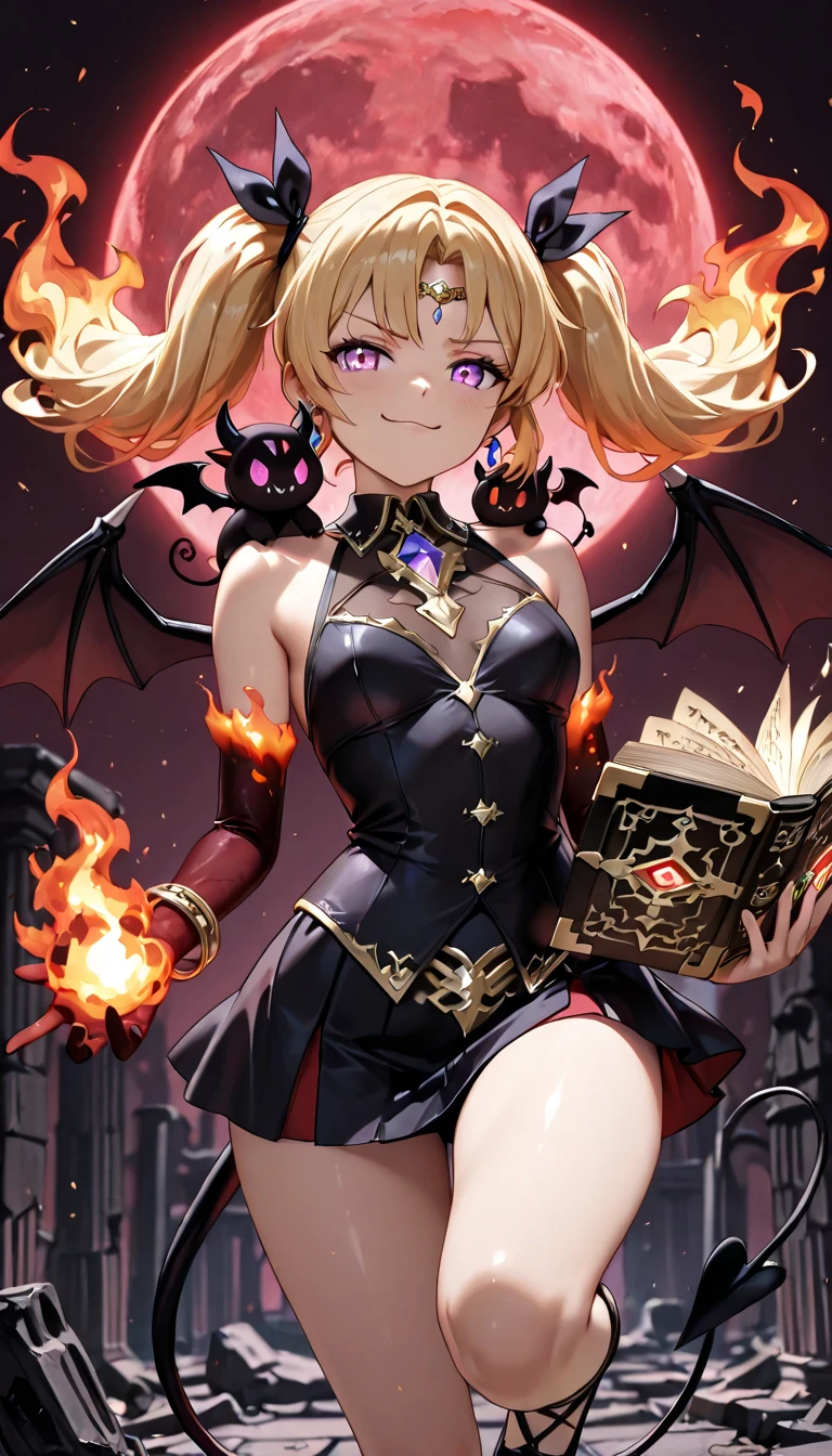 masterpiece, high quality, a demon girl, with long blonde hair, with horns, with fangs, yellow eyes, in a large library, full of books, ((covered in blood)), rebel outfit,