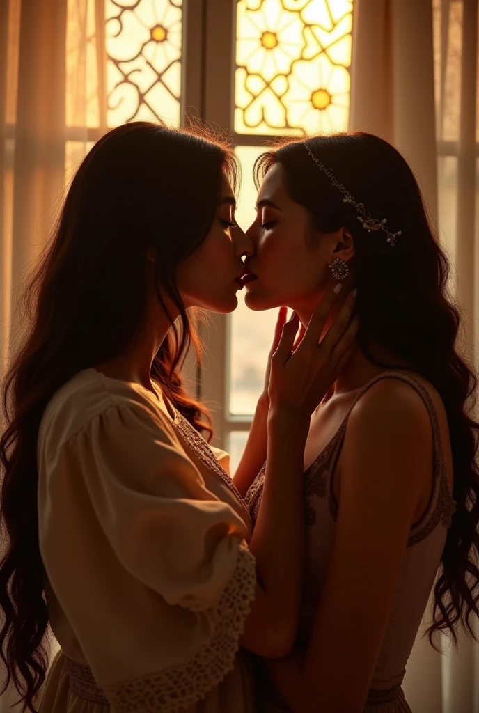 (masterpiece, highest quality, official art, beauty and aesthetic), two stunning bride is deeply in love with each other, kiss