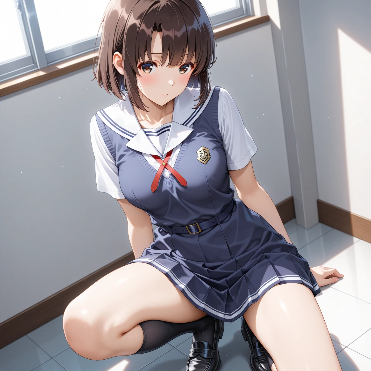 nsfw , Hayate Yagami , lyrical nanoha , (((highres official art))) , (((Anime Pinups))) , (((1girl))) , (((solo))) , (((a little lighter brown hair))) , (((Hair Clip))) , best quality, highres, 12yo, lawson uniform, employee uniform, shirt, name tag, short sleeves, striped shirt, striped, vertical-striped shirt, blue shirt, vertical stripes, alternate costume,(((bottomless)))