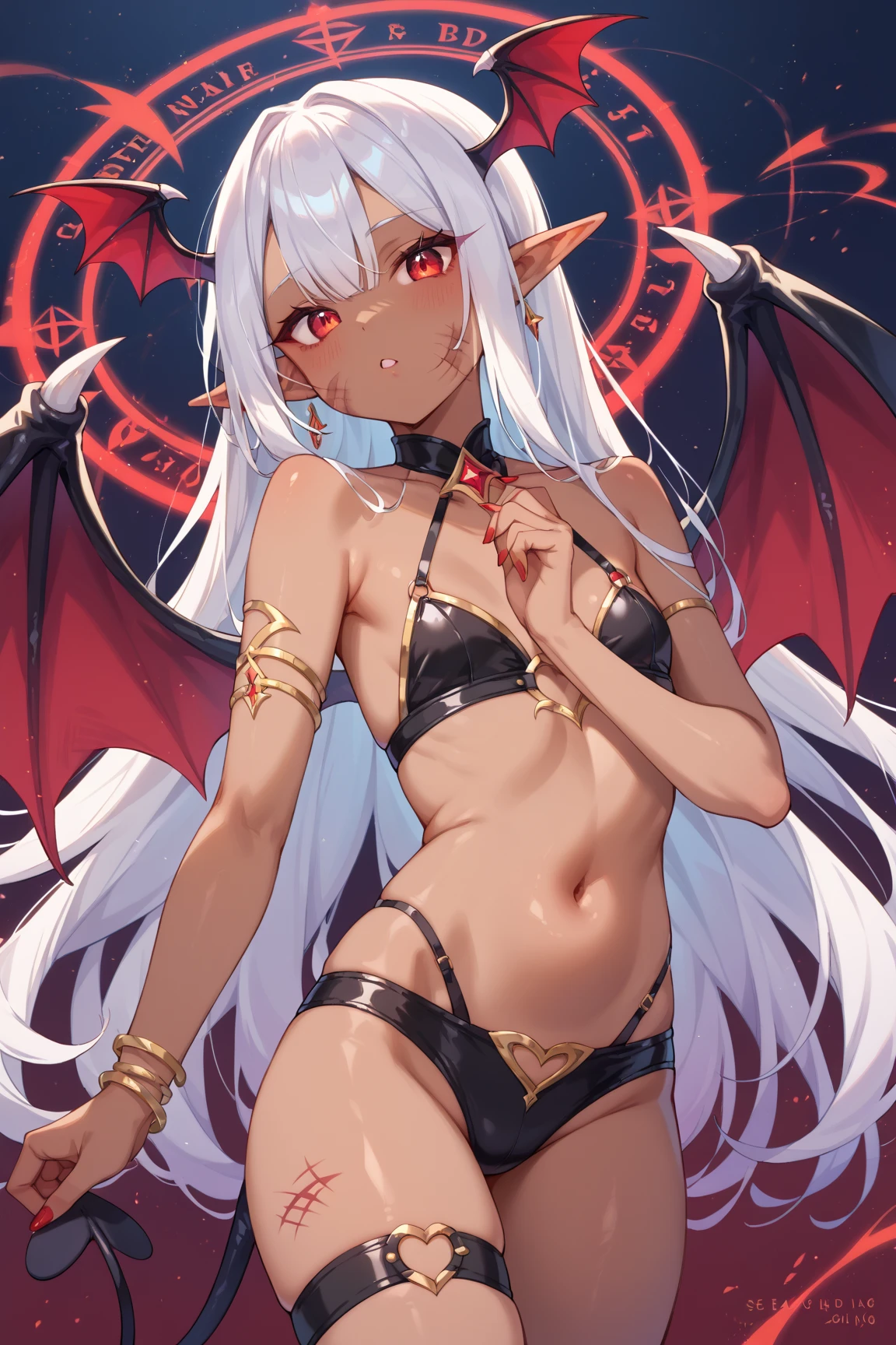 Young black girl, Long white hair, red eyes, elf ears, horns demon, succubus, open belly, open breasts, smirk, lust, Masterpiece, hiquality