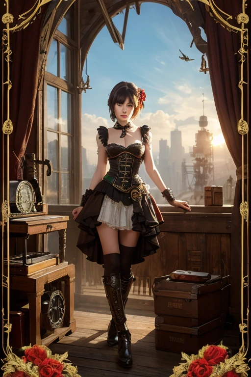 Visualize Cupid in a steampunk-inspired workshop crafting 3D hearts and roses with gears and intricate machinery, surrounded by swirling fractal patterns that represent the magic of love