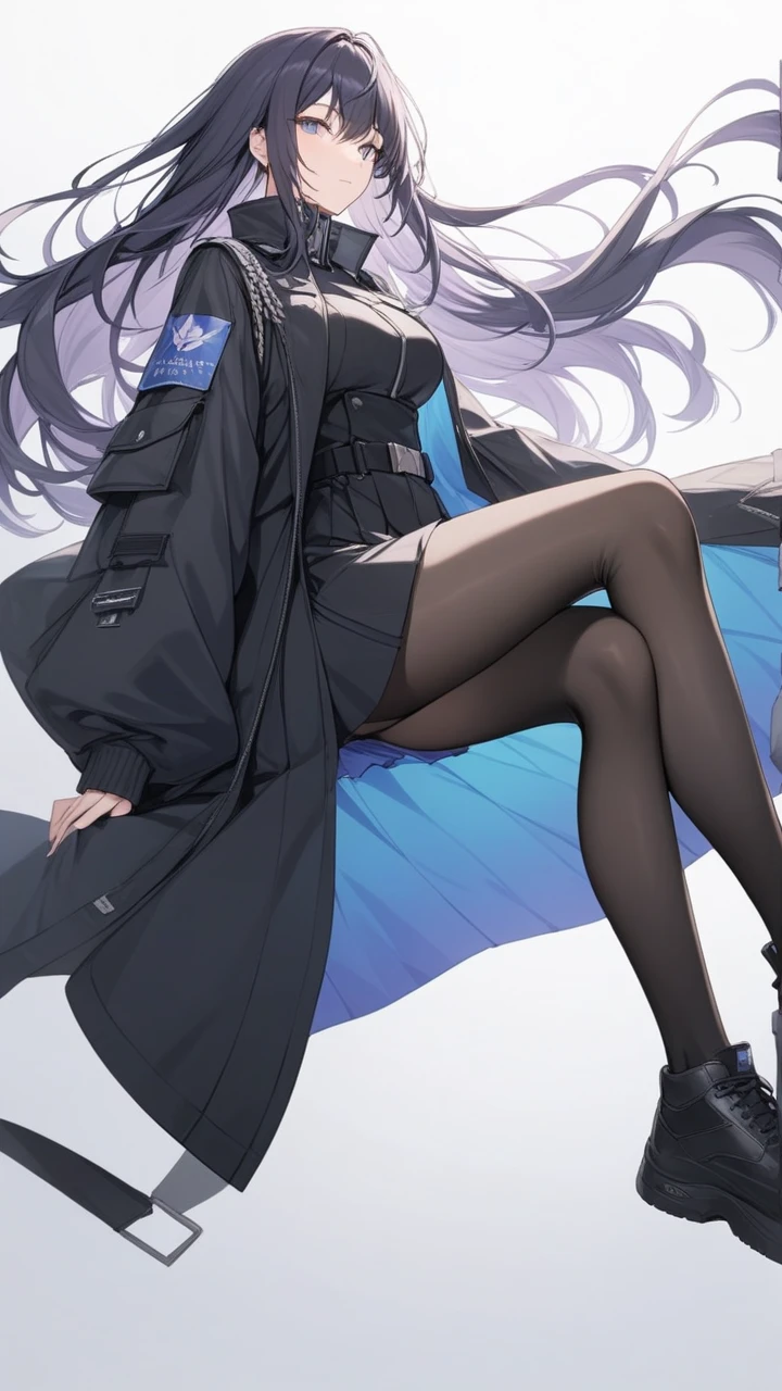 High Quality,<lora:rosmontis:0.8>,1girl,green eyes,animal ears,cat girl,long hair,bangs,looking at viewer,cat ears,animal ear fluff,white_hair,small breast,closed mouth,
boots,dress,white dress,black footwear,gloves,jacket on shoulders,jacket,jacket on shoulders,coat,fingerless gloves,
looking down,standing on one leg,<lora:pose standing one leg up:1>,from below,kicking,pantyhose,
