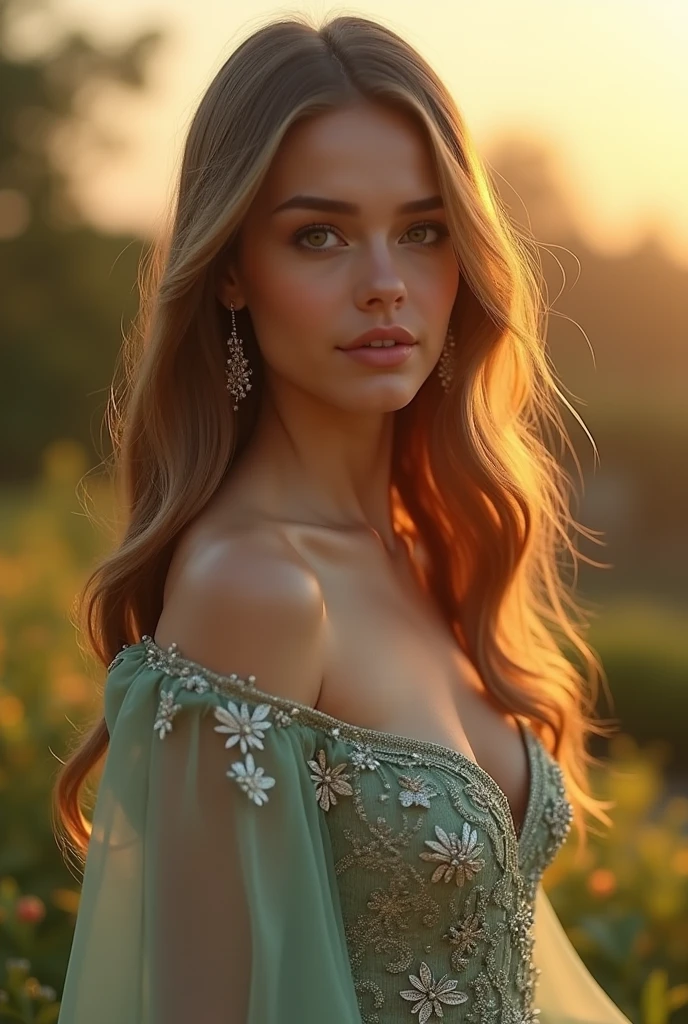 a beautiful woman, intricate portrait, outdoor scene, (best quality,4k,8k,highres,masterpiece:1.2),ultra-detailed,(realistic,photorealistic,photo-realistic:1.37),highly detailed face, striking green eyes, perfect skin, long flowing hair, elegant dress, soft natural lighting, lush garden background, vibrant colors, cinematic composition