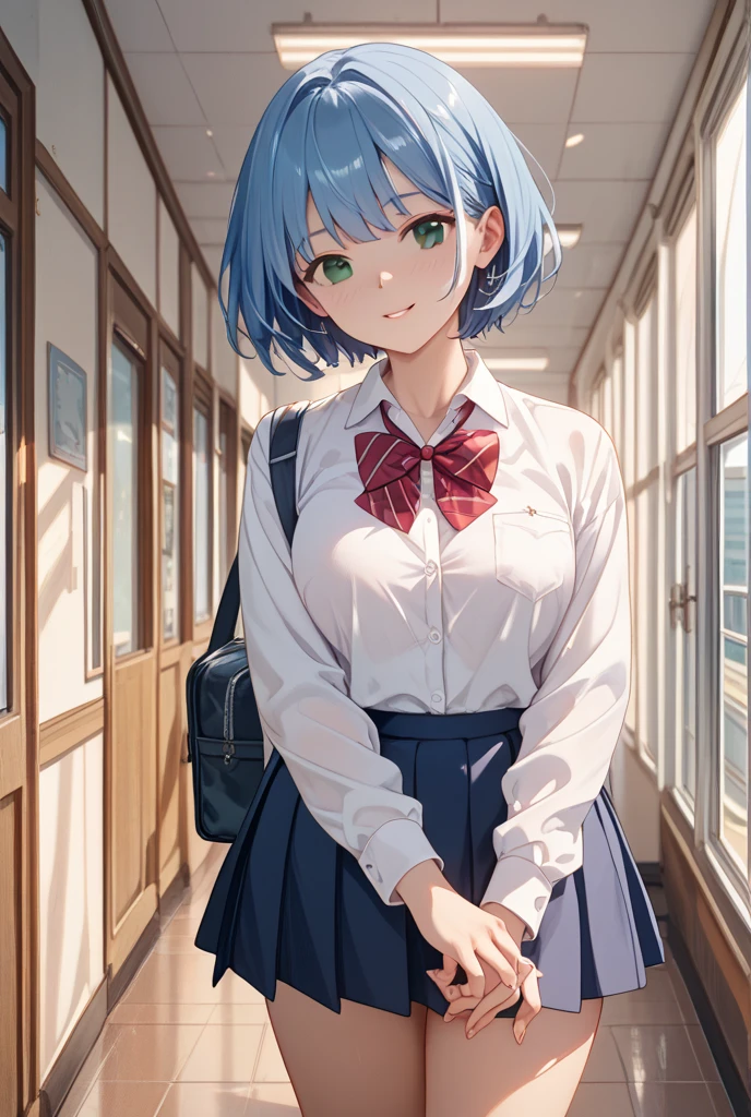 (Highest qualityのイラスト:1.2), (pretty girl:1.1), (1 girl、17 years old、Highest qualityのイラスト:1.2), (1 girl、smile、slightly bigger eyes)、Bright blue hair、Short Bob Hair、(Highest quality、Very detailed、Very detailed and beautiful、Ultra-high resolution) 、,{White shirt、Blue ribbon tie、Grey pleated skirt}, from below、School stairs