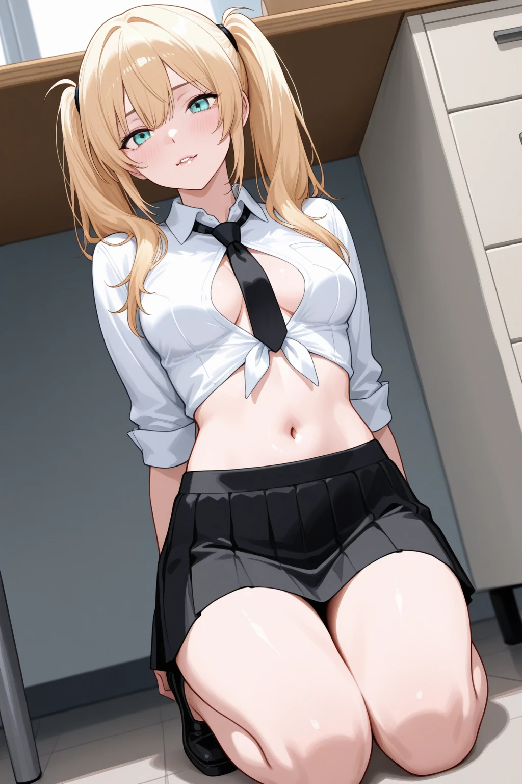 highest quality、High resolution、detailed background、cute hairstyle、sexual uniform、sexy uniform、pleated mini skirt、on the bed、panty shot、white panties、((emphasize the underboob、I see a modest expression、camel toe、not wearing underwear、((He glares at me as he takes off his clothes..、take off one&#39;s clothes in disgust))