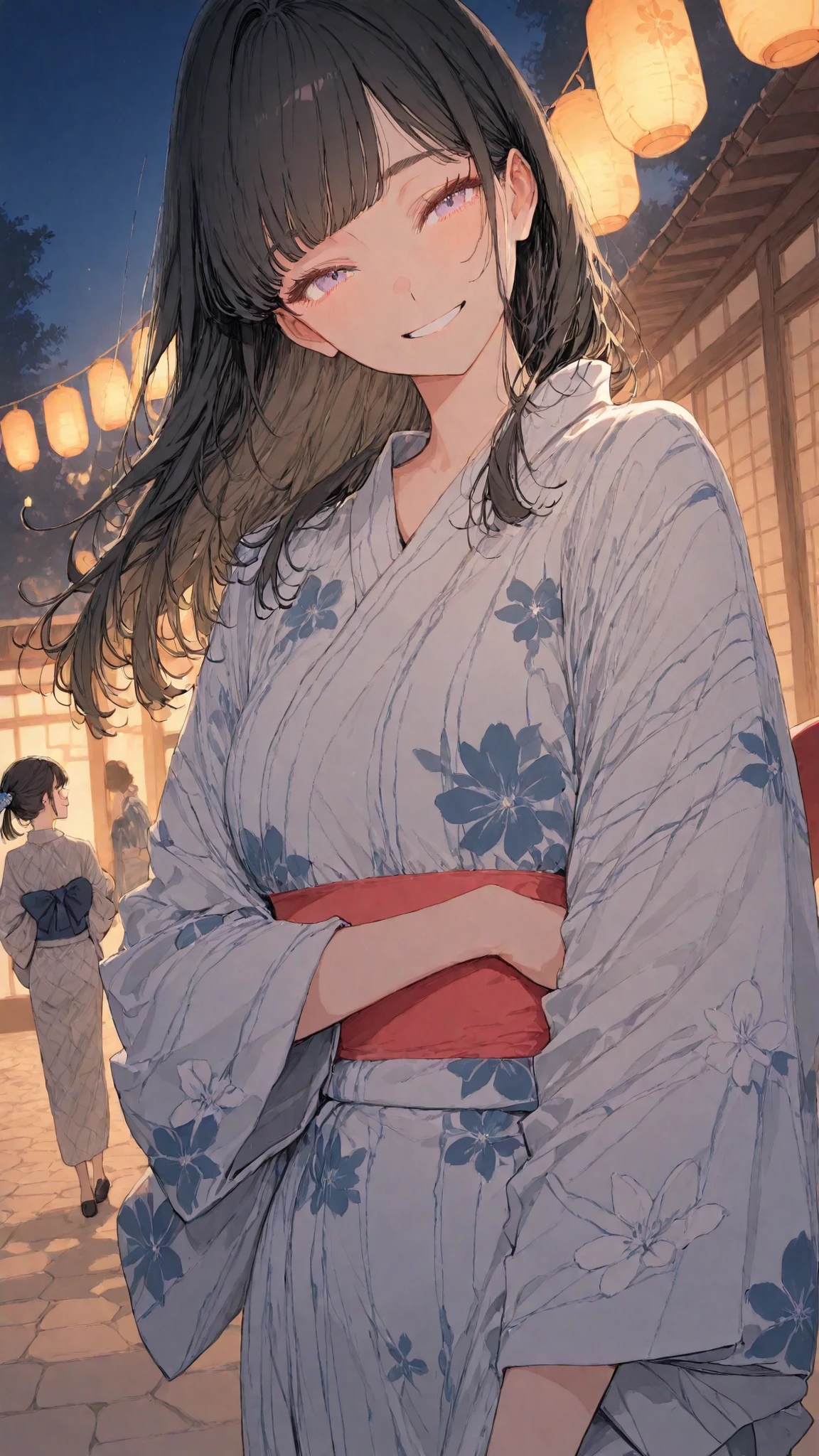 womanhood, yukata, dark haired, Smile,   wind chimes,  