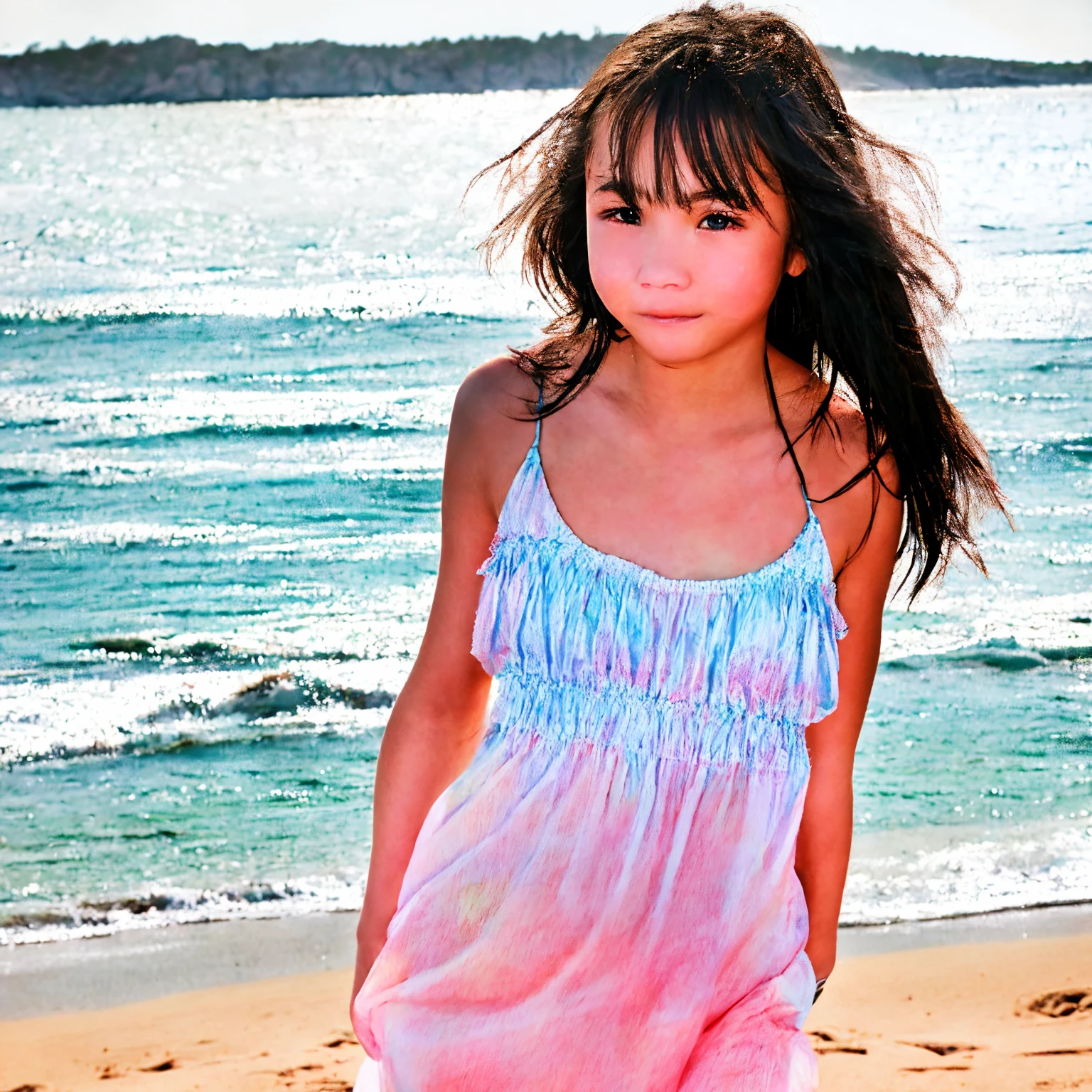 10 year old girl on the beach and foldo.mar jugando vestida con polera hasta el ombligo y falda corta