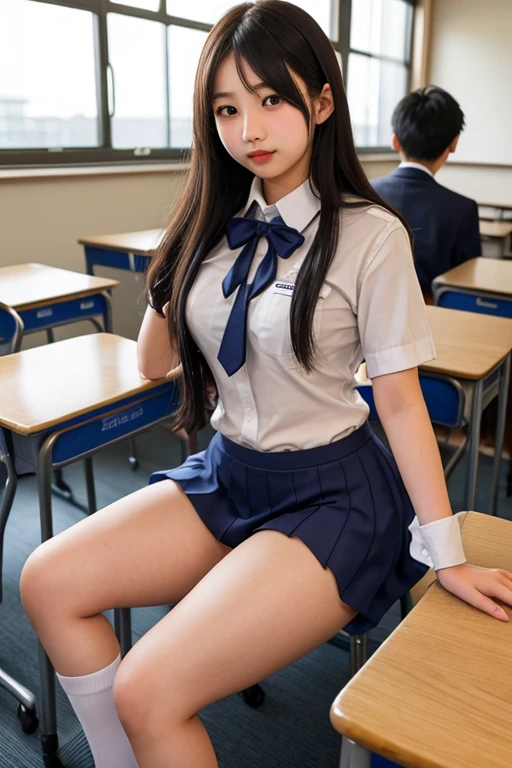 Alone, high school girl, natural figure, white skin, natural makeup, black hair, bangs, straight long hair, skirt rolled up, high , navy blue pleated skirt, please sit, legs open, small size pure white panties, ((upper body is in uniform)), school classroom, looking at camera, white socks, black loafers, full body photo