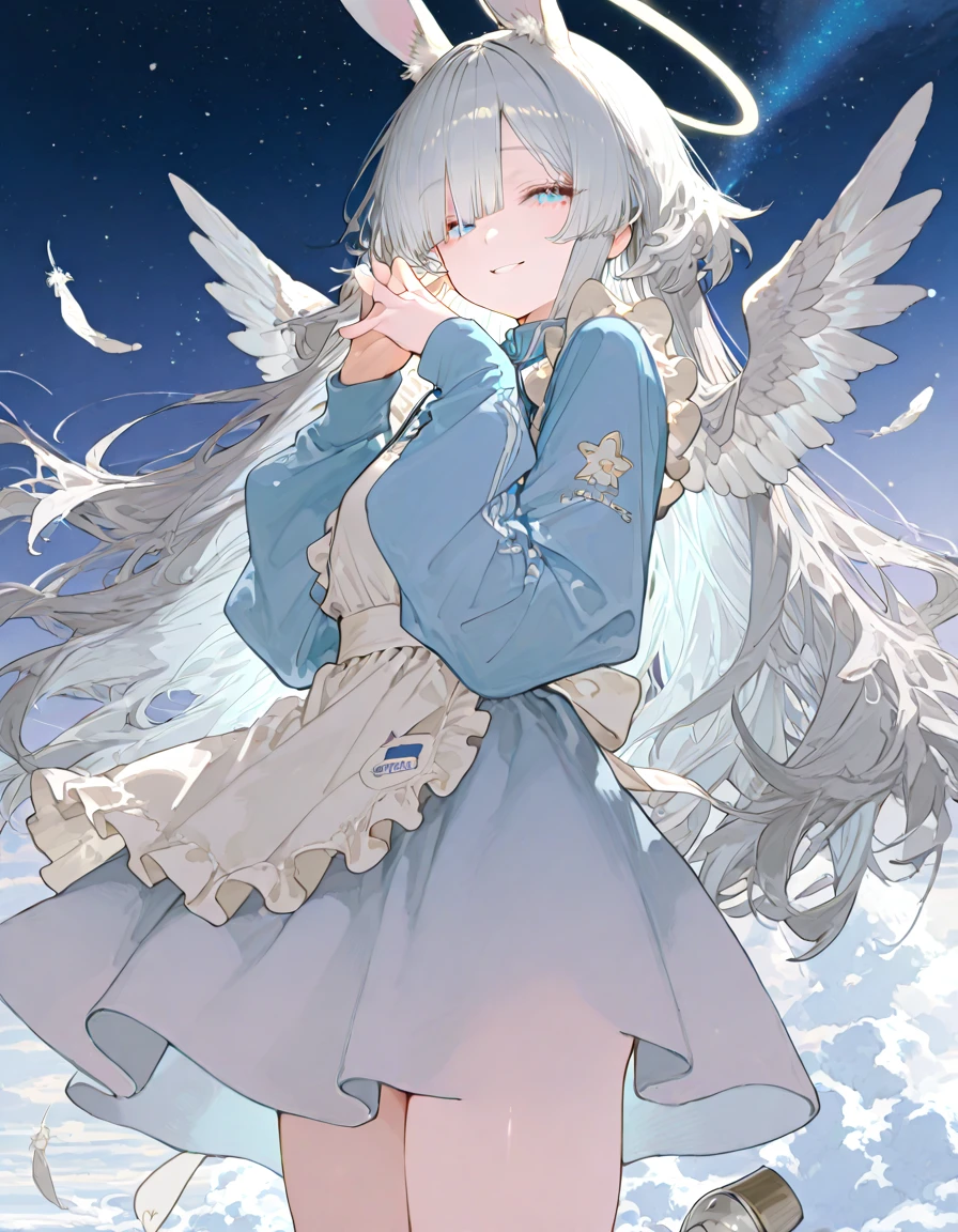 White hair，Long hair，Cat ear，Heterochromia blue-yellow，female face，There are bright spots in the eyes，Female hands，White little hands，Normal fingers，flat chest，Solitary，blue halo，On an island in the sky，Day and night mix，Angel Wings，White pantyhose，moon