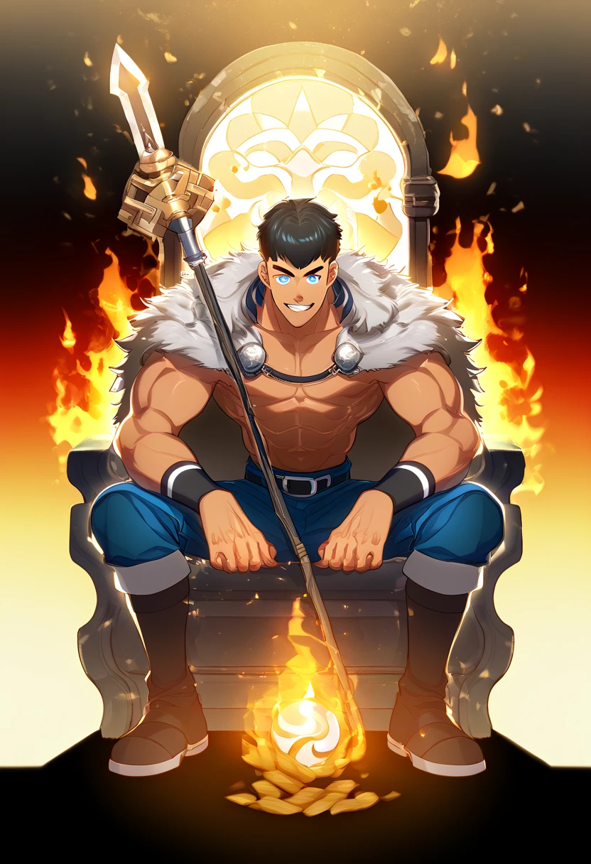 Relaxing on a fiery throne, the god of fire, a handsome man with black hair, exudes power with intense glowing red eyes and large pectorals. His pose is majestic, bathed in dramatic cinematic lighting, creating an atmosphere of divine authority. Large pectorals, open legs. Attractive male, sexy masculine, handsome male