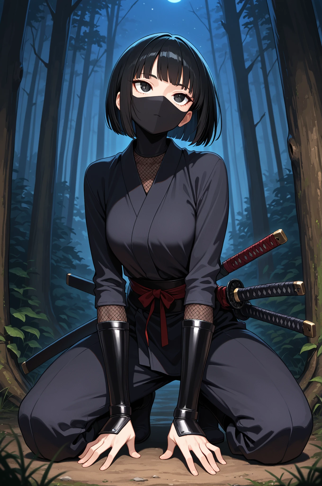 anime, female, ninja, bamboo forest, black hair tied up, half mask, piercing blue eyes, night time, fog, worn black leather clothing, tanto, red strapping, hood