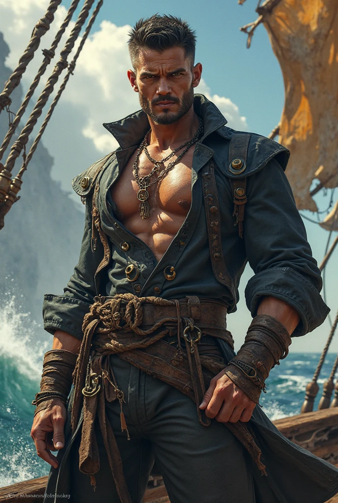 A middle-aged man with long black hair,Handsome，Sexy，medium length blonde hair, Wearing a small round felt hat on his head, His eyes are cunning and sharp, beard, tall and big, topless, Big skull tattoo, A gold belt is tied around the waist, Belt with bone decoration, Metallic gloves, Two-color underwear, knee-high leather boots, He stood proudly on the bow of a huge pirate ship, This character embodies a carefully crafted anime style fantasy style pirate, Characterized by sophisticated and mature comic illustration art style, HD, best quality, High resolution, Super detailed, Ultra-fine coating, Extremely refined, professional, anatomically correct, symmetrical face, Extremely detailed eyes and face, high quality eyes, creativity, original photo, 超HD, 8K, Natural light, movie lighting, masterpiece:1.5
