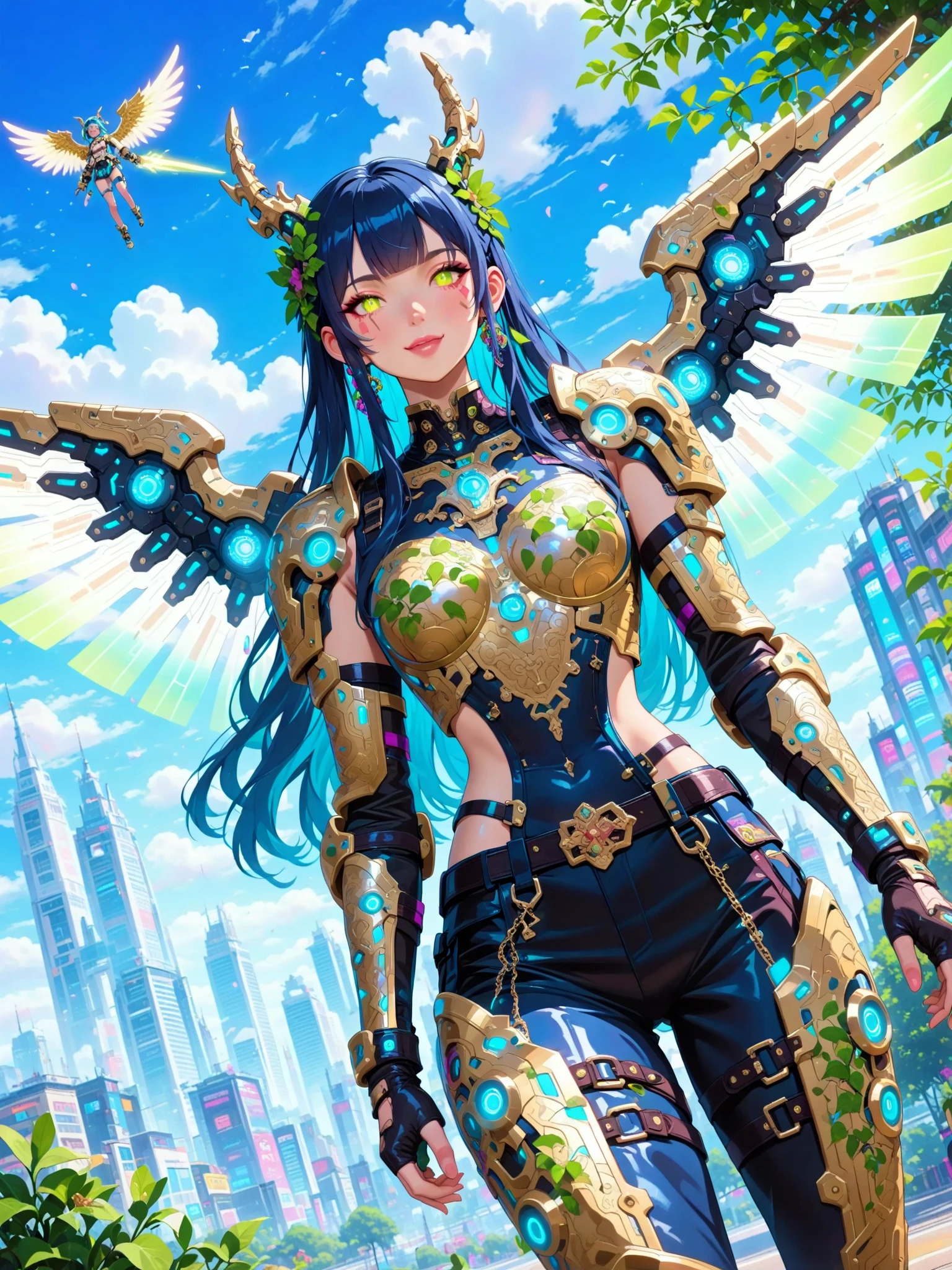 Woman in swallowtail butterfly color costume, best anime 4K wallpaper, full body, cyberpunk butterfly, mechanized valkyrie girl, biomechanical, highly detailed artgerm based on butterfly, cyborg butterfly, anime style 4k, butterfly