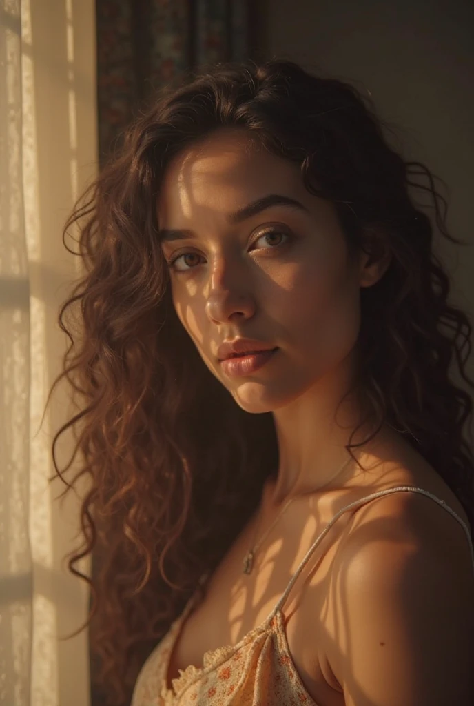 beautiful brunette woman, big breasts, curly hair, surprised half-naked after taking a hot shower, expressions of surprise, overwhelming and sensuality, exciting, sensual, erotic, (best quality,4k,8k,highres,masterpiece:1.2),ultra-detailed,(realistic,photorealistic,photo-realistic:1.37),HDR,UHD,studio lighting,ultra-fine painting,sharp focus,physically-based rendering,extreme detail description,professional,vivid colors,bokeh,portraits,photography,warm colors,dramatic lighting