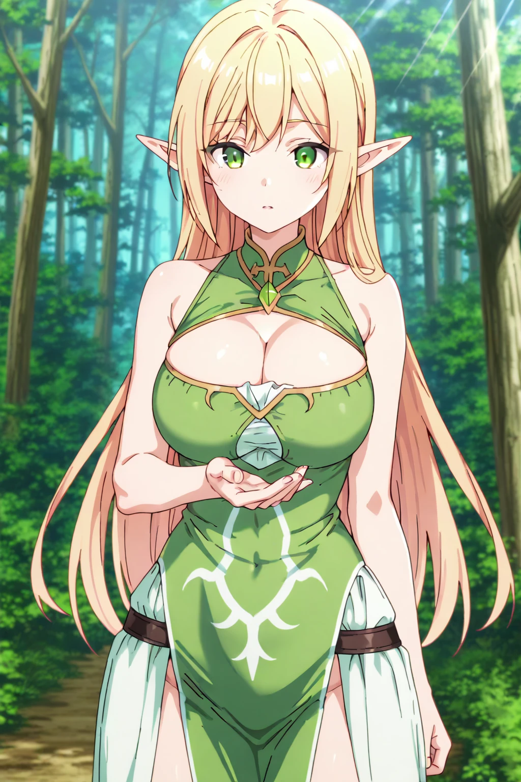 (masterpiece, best quality, ultra-detailed, high resolution), takeda hiromitsu style, (1woman), elf woman, queen, 40 years old, long straight hair, blonde hair, green clothes, curvy body, forest, cowboy shot, pov