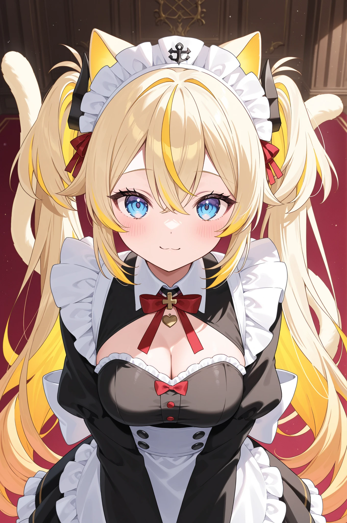 Beautiful long blonde Girl in black maid outfit Long sleeve Shyness Lying on the bed Put your hands up No underwear Small breasts