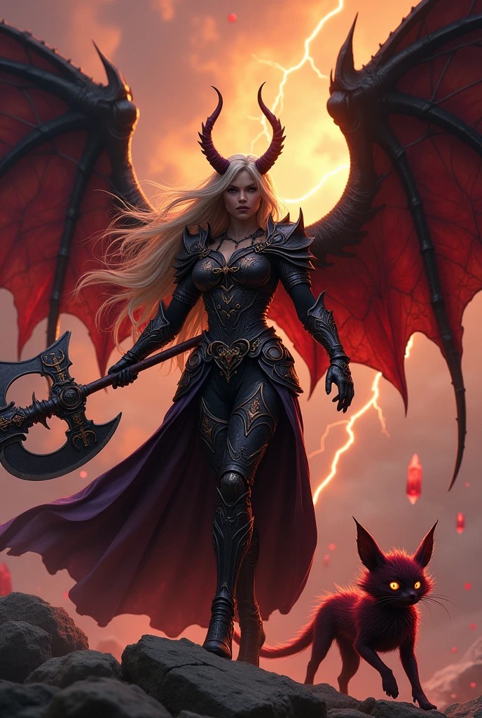 tmasterpiece，Super-High Resolution，A beautiful female angel stands on a mountain rock and slashes at a bat-like demon with a sword，Angels are blazing with fire and fighting demons，The sky in the background is half overcast and half sunny，There were a few lightning bolts in the gloom，The angel shines with light，The ugly devil has bat wings，