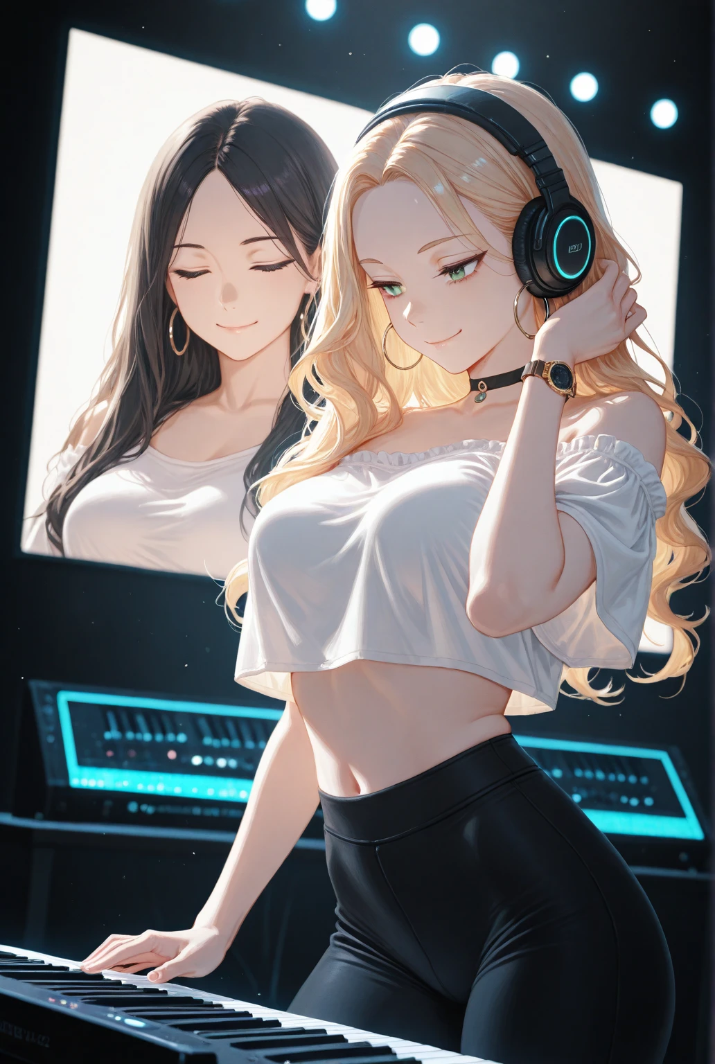 smile、Red cheeks、Official Art, masterpiece, Highest quality,Portrait of two girls、, JK,Tank top、(silver, metallic, ) 8K, Blonde, High resolution, ( flower_Styler:1.2)(headphone:1.2),(Excellent rendering, Stand out in the same class), (Amazing details, Excellent lighting, Wide-angle), Big Breasts(0.6), Absolute area, Detailed Background、Panty shot