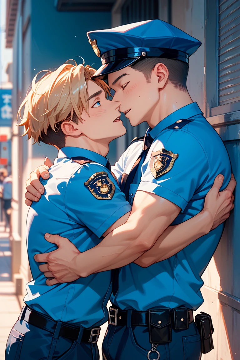 best quality, masterpiece, extremely detailed, yaoi, 2 boys, very muscular male police officer, carry fucks another male police officer, anal sex, leaning against lockers, (one hand chokes his throat), looking directly at each other, dripping precum, cumshot, cum, excessively spraying cum, sexy, gay homoerotic, ambient lighting, extremely dramatic shadows, romantic atmosphere, perfection, no watermark, no logo, no signature