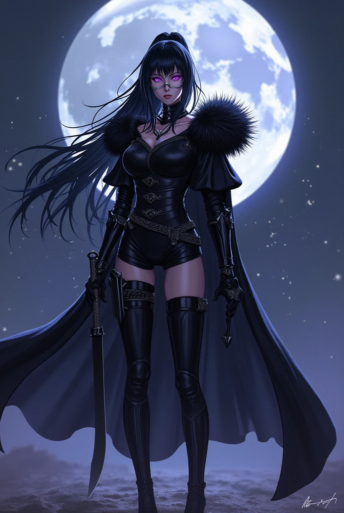 An anime character: A white woman, long black hair with red eyes.
50s vampire.
dresses like a huntress.