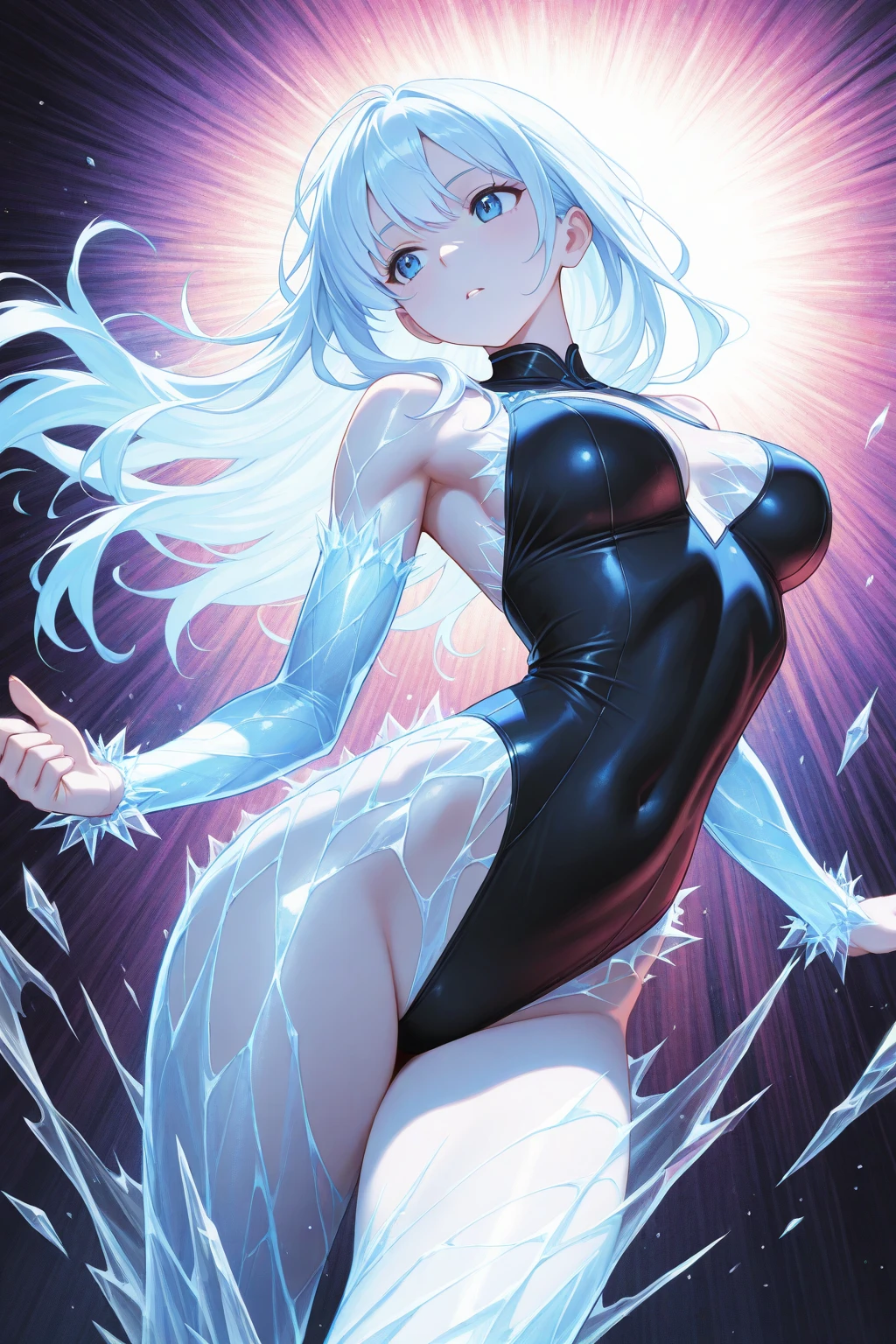 (masterpiece), best quality, expressive eyes, perfect face, highres, 1girl, solo, (female:1.5), danny phantom, white hair, long hair, white gloves, black bodysuit, standing, upper body, looking at the viewer