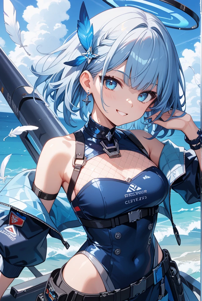 Toby Fox Undertale Sans Blue Jacket Bikini,Fire eyes skull keel cannon smile white short hair glowing sexy person sitting on the beach Super big breasts breast enlargement looking at the camera illustration, ultra-detailed, HDR, vibrant colors, soft lighting high quality super detailed