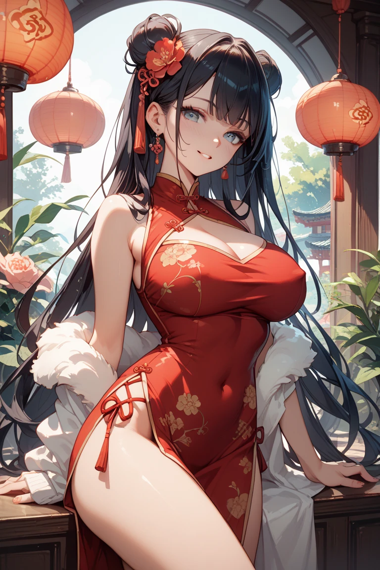 (top-quality: 1.3), (​masterpiece: 1.3), (The ultra-detailliert: 1.3), (wall-paper, one girls), ([Diamonds: 1.3|The eye]:1.2)、(Perfect beautiful red cheongsam style leotard:1.5)、(Red-haired:1.3)、Longhaire、poneyTail、(Beautiful Large Breasts:2.0)、fullllbody、Chinatown、ssmile、sexypose、Wearing nothing but a leotard