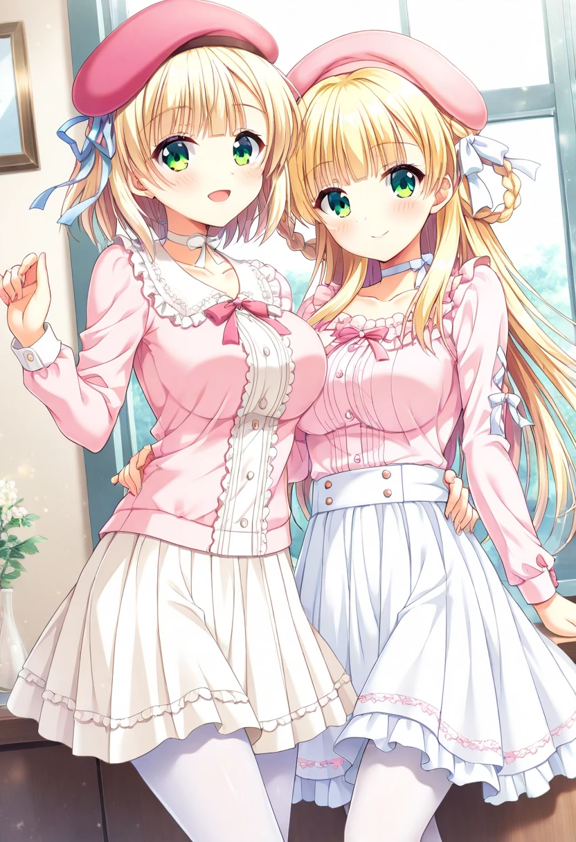 masterpiece, super fine illustration, best quality, light particles, ultra-detailed, 8K wallpaper, (bright colors:1.2), solo, ((a little girl)), big breasts, (blonde hair), disheveled hair, short hair, twintail, two side up hair, scrunchie, curly hair, shiny hair, shiny skin, (wearing pale pink and white horizontal striped dress, short sleeve), (frilled miniskirt), (white legwear), ((horizontal striped panty)), (beautiful green eyes, shiny eyes, big eyes), affectionate smile, seductive smile, closed mouth, blush cheeks, (naughty room), (pink bed), (pink pillows), (pink curtain), looking back, get down all fours, nsfw, sunlight, shadow,