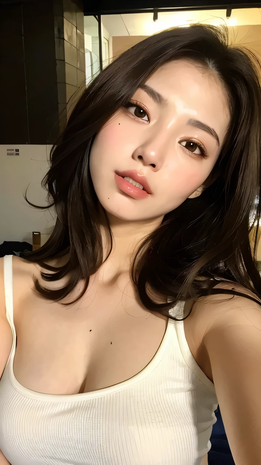 (Photorealistic、Masseter muscle area、Highest quality、High resolution、RAW Photos)、(full body, no cloth, glamorous body)Realistic、Bright lighting、Face Light、Smooth Professional Lighting、pretty girl、Beautiful woman、Modeled、gravure、natural makeup、so beautiful、Realistic and beautiful skin、plum thighs, Beautiful and detailed、Detailed face、Big tits+、Cleavage+、wavy hair、bangs, random colored hair、Brown eyes, sexy face, looking at the camera、take a picture, Seductive Pose, cowboy shot, angle from below, Sexy lingerie++, (high quality lingerie, Luxury lingerie,Random Color Lingerie) wants a kiss+++
