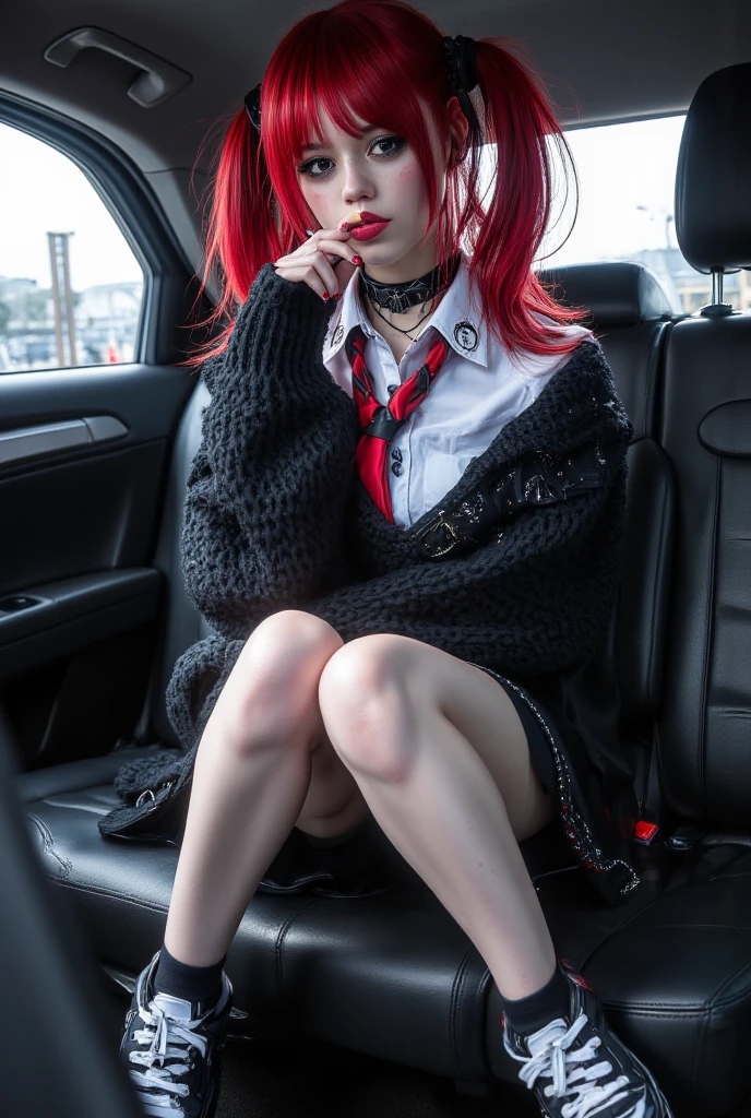 ((Best quality)), ((Meisterwerk)), (Detaillierte), 1 girl, 1 adult girl, 30 years old girl, ginger red hair, nekomimi, cat ears, blush, nice dreams, tight cropped top, jacket, the jacket slightly slips from the shoulder, skirt, black over knee highs neckline, collar with a tag, sunny day, the girl is sleeping on the bed, sleeping on her arm