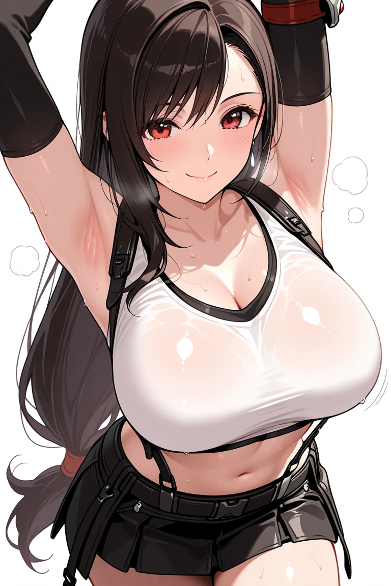(score_9
score_8_up
score_7_up
score_6_up
score_5_up
score_4_up
source_anime),,BREAK  ,straight-on,breast view, sitting.upperbody,arms up, ,Solo ,1girl, tifa lockhart, final fantasy, tareme,black hair, low-tied long hair, red eyes, bangs, (white tank top, belt, pleated skirt, thighhighs, elbow fingerless gloves, elbow pads, midriff, navel,suspender skirt) ,(large_breast),hunging breasts,light smile,,outdoor,ultra detailed,(best quality),(aesthetic,very aesthetic),,amazing quality,,detailed face and eyes and body,Shiny bare skin,skin tight,depth of field,