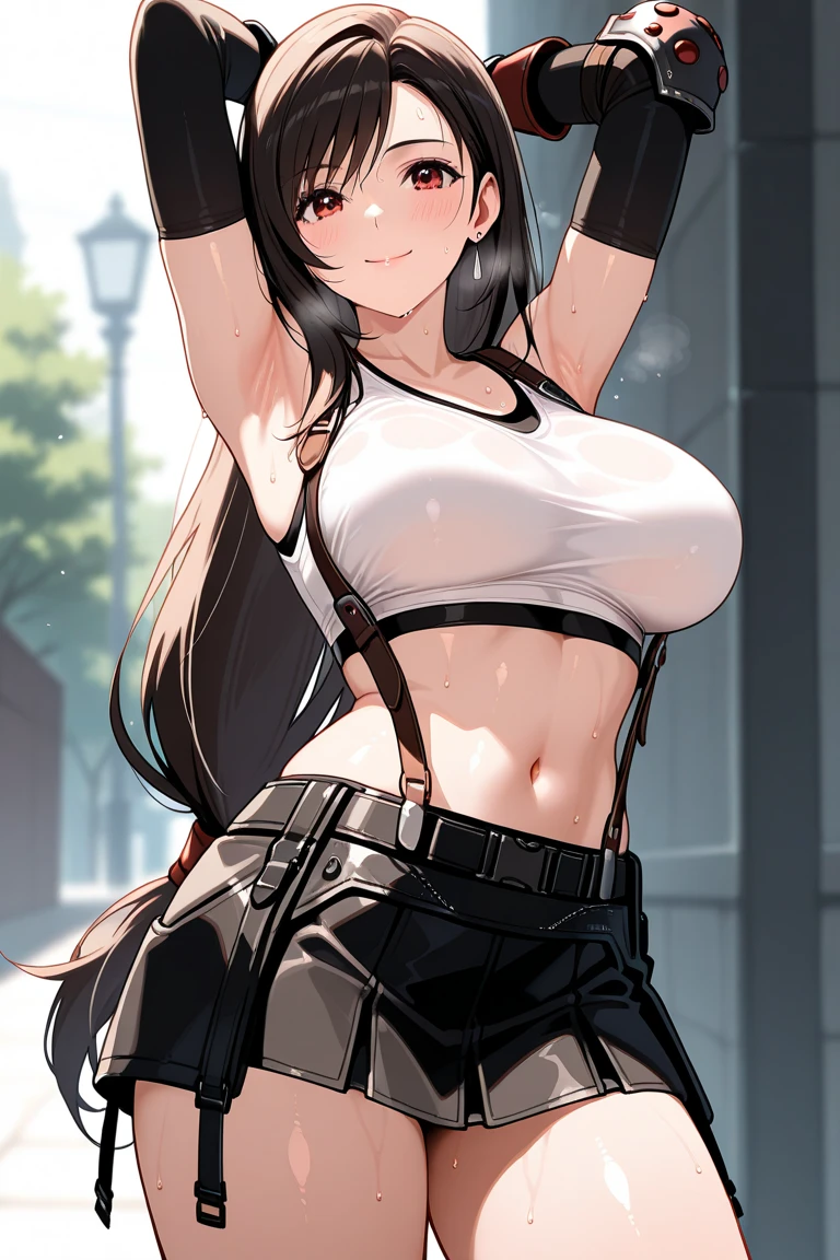 score_9, score_8_up, score_7_up,score_6, score_5,8k,rating_safe BREAK , (from behind.from behind,back view,breast focus,standing,straight-on,(arms up,arms behind head.),,(upperbody),looking_at_viewer ,1girl, tifa lockhart, final fantasy, tareme,black hair, low-tied long hair, red eyes, bangs, (white tank top, belt, pleated skirt, thighhighs, elbow fingerless gloves, elbow pads, midriff, navel,suspender skirt) ,large_breasts,(light smile),,,Solo,,(daytime and beachside and city),detailed skin,(best quality),(aesthetic,very aesthetic),,photorealistic,highly detailed,,depth of field,,professional lighting,cinematic lighting, dancing breast, 　　