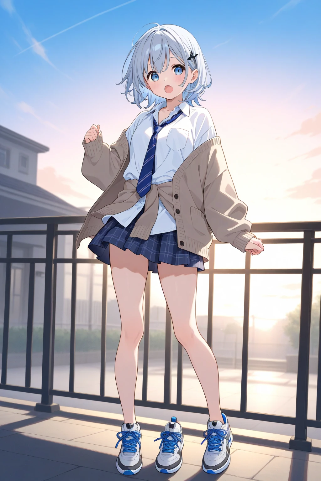 (((top-quality))), ((((((Tsuriformes)))))), (((Glowing yellow eyes))), ((Smaller chest)), (((beautiful thigh))), (((light purple disheveled hair))), (((Medium short wavy hair))), ((((Wear a light blue jacket and plaid skirt)))), (((A smile that opens its mouth wide))), ((elevation)), (((Raise your finger))), ((cheek bulge)), ((((thighs thighs thighs thighs!!!!!!)))), Big ass, (((((thick leg))))), ((((Emphasis calf)))), (Blue sky with dazzling sunlight), ((Stairs on the footbridge))
