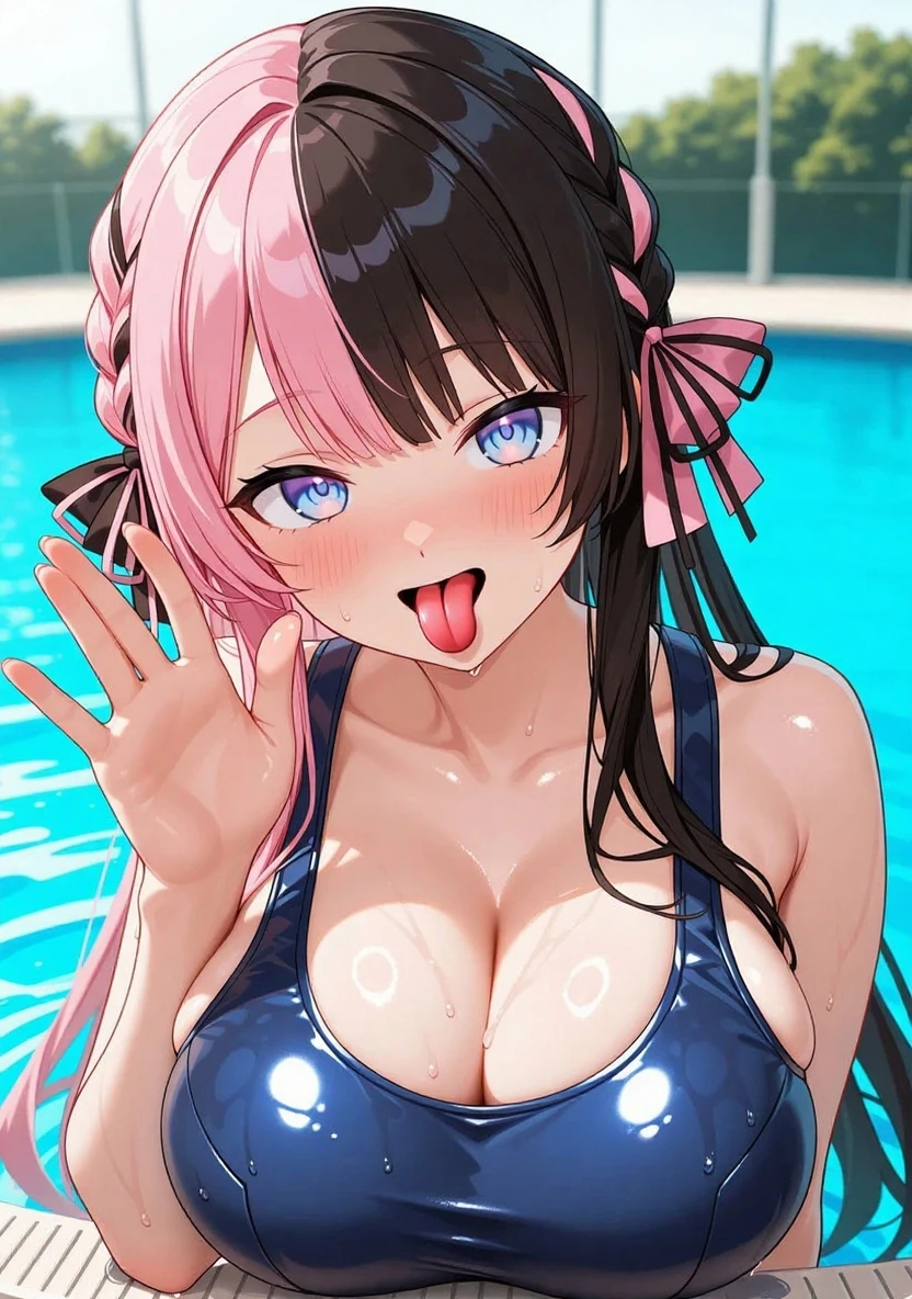 nsfw,uncensored,(highest quality,masterpiece:1.3),disorganized,High resolution,16k, 超High resolution, official art,figure,very detailed,anime color,perfect hands, perfect fingers, perfect legs),(cowboy shot,From front,full body,1 girl, idol master,(mimami nitta),19yo,(brown ponytail hair), (long straight hair), ((brown eyes)),shiny hair, shining eyes, delicate line tail face, sitting, spread your legs, leaning forward, open your mouth, (smile),(one eye closed),((stick out tongue:1.3)),(nipple, belly button), (blue swimwear:1.9),(open clothes), (large breasts), (glowing skin:1.3), (Sweat:1.4), (pubic brown hair:1.5), (open vagina:1.5),(cum shot:1.3),(bukkake:1.9),(cum on Face:1.9),(cum on hair:1.9),(vaginal penis:1.5), testicle, (a man:1.5), hetero, (lady sit astride on man:1.5), (lady on top), (intense Sex:1.6),((multiple boys:1.9, peeing on a girl,multiple penises:1.9, gangbang)),(looking at viewer),(happiness:1.9),(love:1.9),(ahegao:1.5),(dynamic pose),(spoken heart:1.9),(peace sign:1.5),(poolside:1.5),(bloom),motion lines,bouncing breasts,