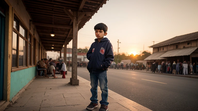 photoshoot style. a homeless child in crowded street