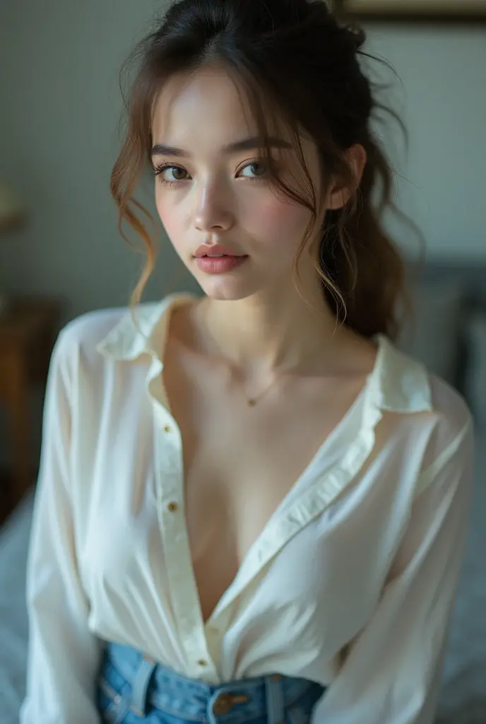 A woman with brown hair, tied in a bun, Your brown eyes, on your lips a nude lipstick. wearing a white blouse, with a silver necklace.