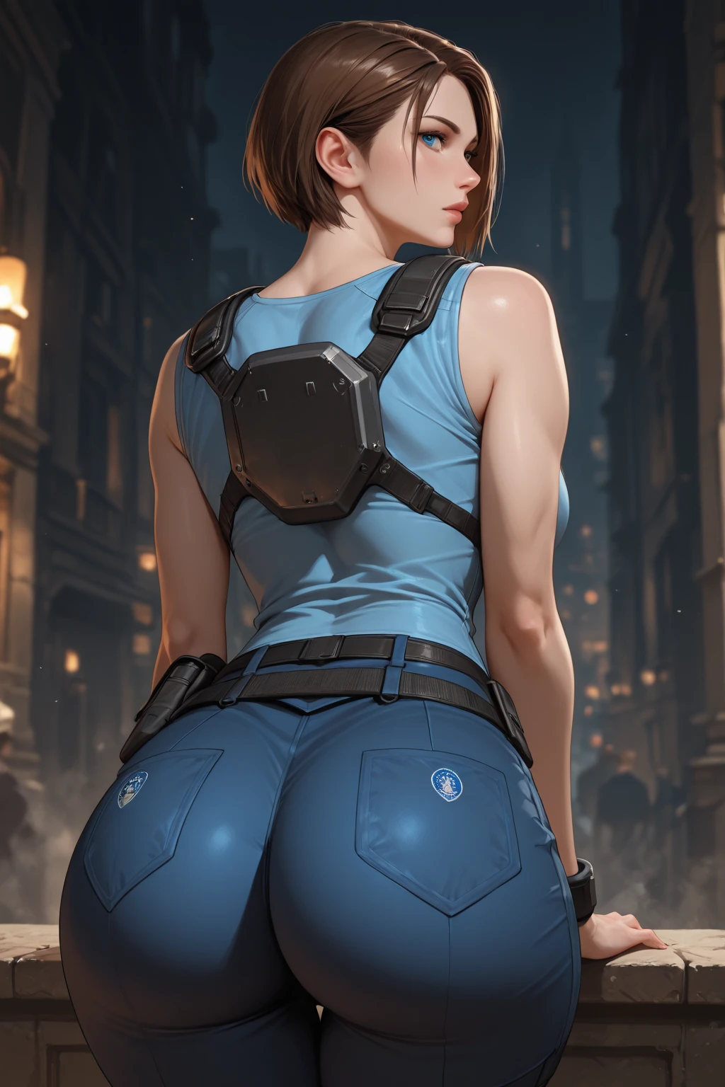 Samus Aran with hair pulled back in a ponytail with large breast and big ass in gray armor bodysuit standing on the roof at night with her back to screen