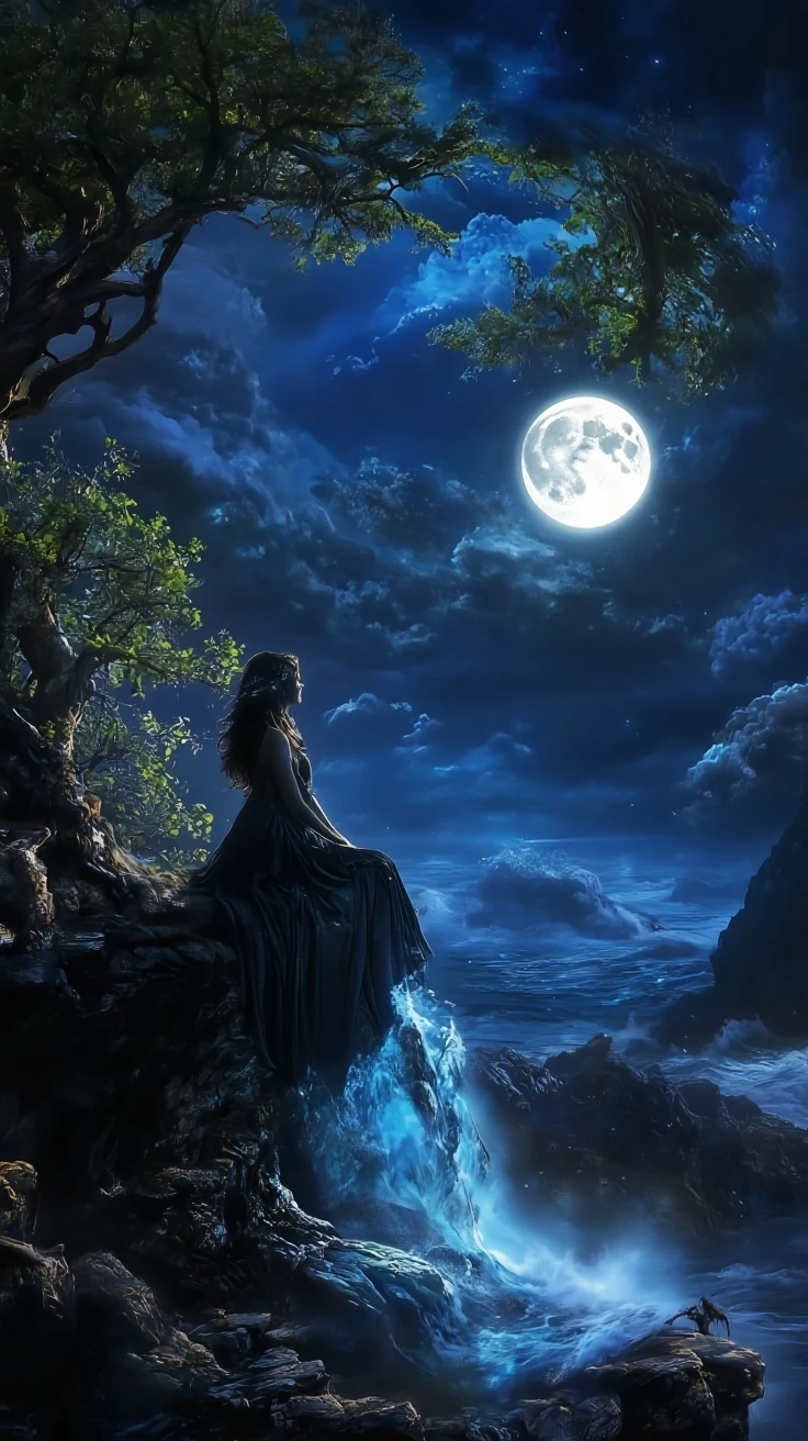 Vampire anime lady drinking water while sitting on top of a jungle waterfall at night time rainy weather