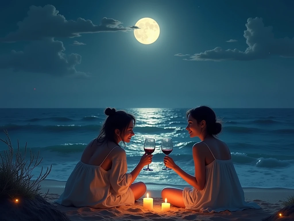 (photorealism:1.2), small picnic with candles, white wine, sushi, on the beach in the moonlight