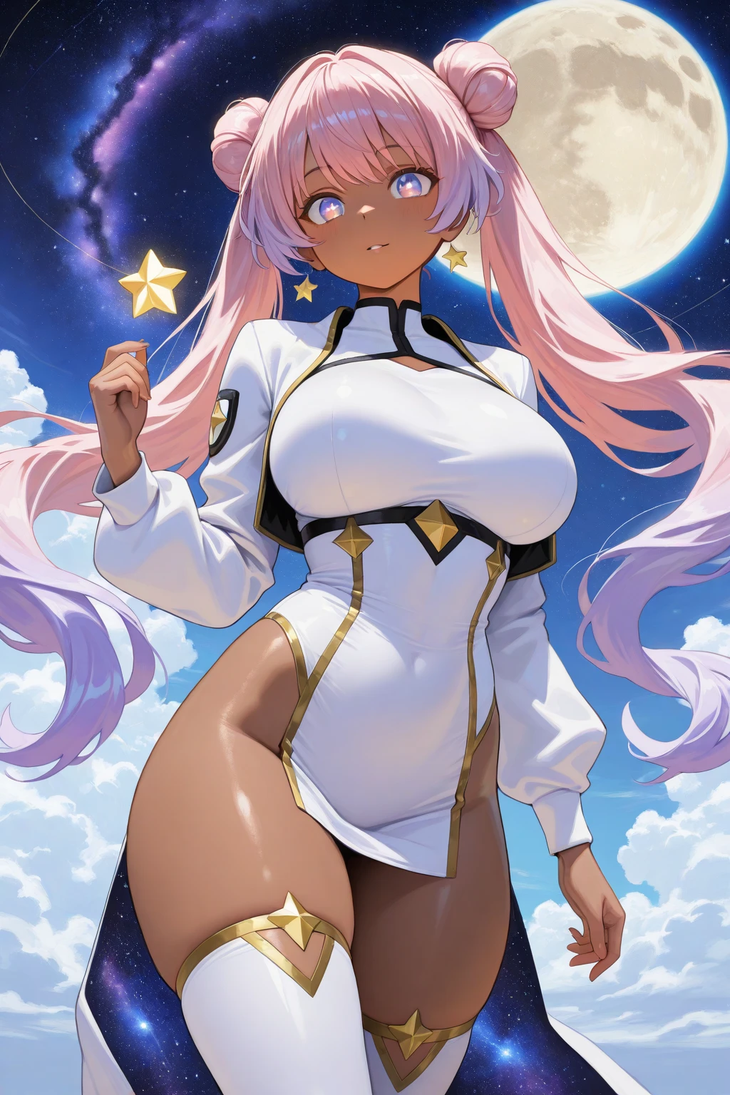 ((Brown skin))((Highest quality)), ((masterpiece)),  Super Breasts,Thick legs,Big ass,Big areola,Floating nipples,puffy nipples,Long breasts  .Magical girl.Pink Hair、.Dark skin.Magic Wand. White mucus
