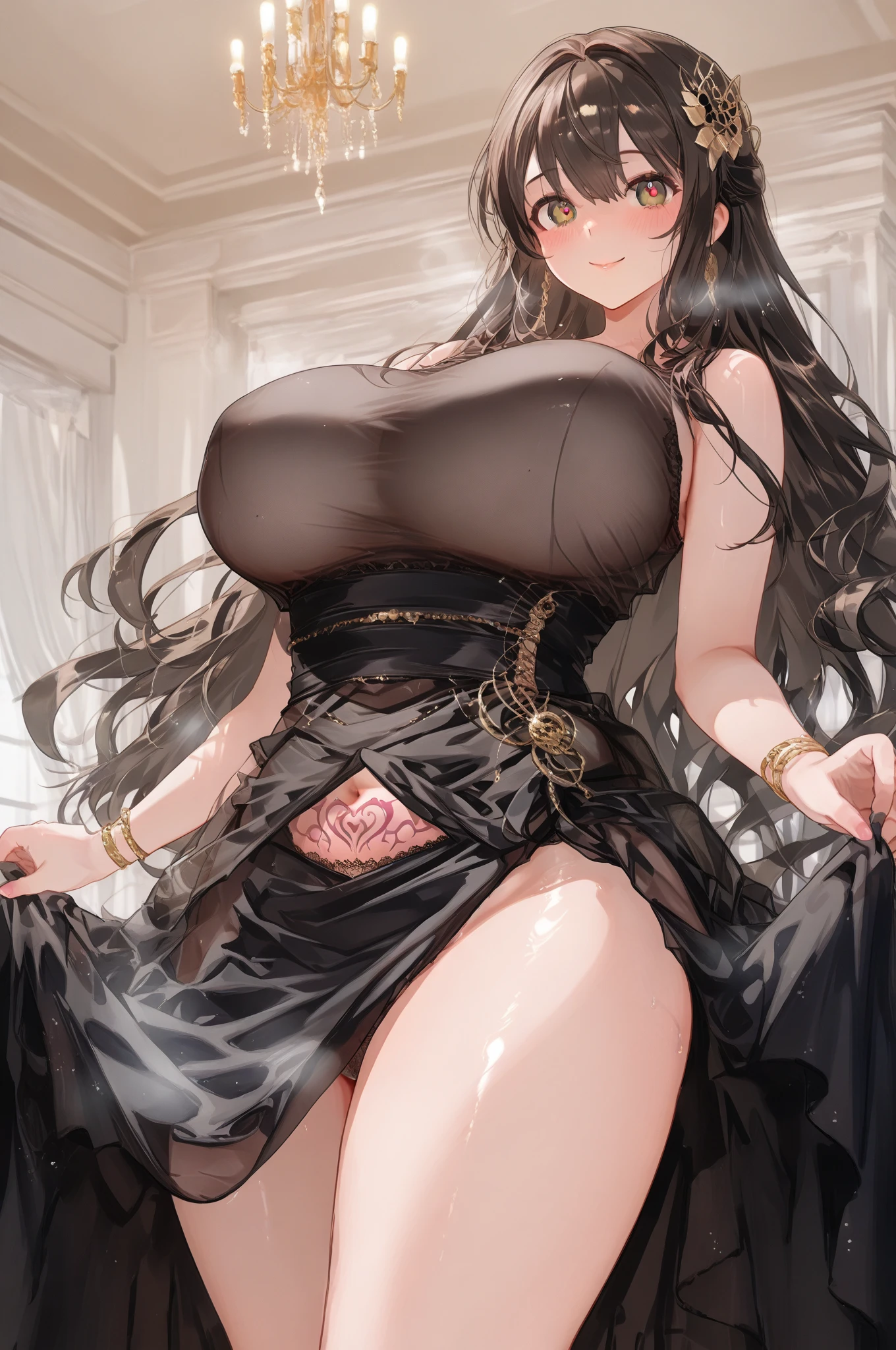 (SLE, mksks style, detailed background:1.1), (alone:1.3), mature, female, (((black brown skin))), gorgeous european dress, long hair, black hair, beautiful hair, eye 위의 머리카락, yellow_eye, voluptuous body, pain, moaning,((sweat에 흠뻑 젖은 몸)),sweat, Warmth, breast exposure, head tilt,whole body, volumetric lighting, european medieval house, colorful accessories ,Spread your legs, ((Lift one leg)),panties exposed
