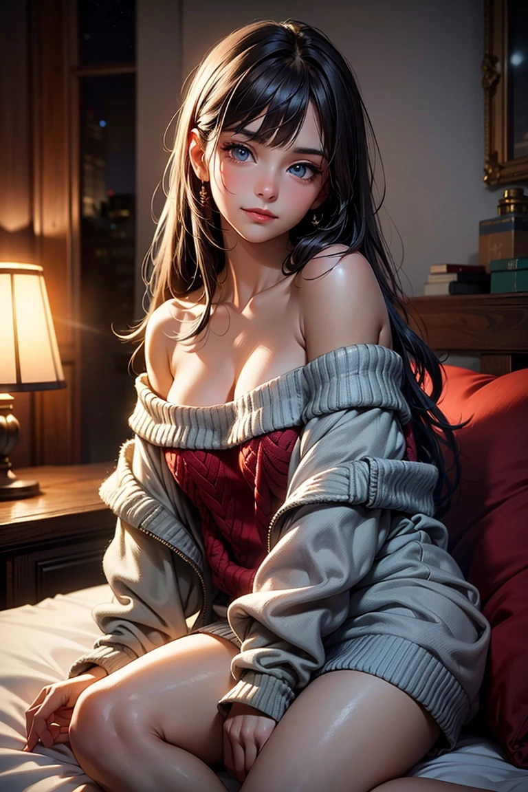 (RAW Photos:1.2), (Photorealistic:1.4),(Complex Details:1.2),(Masterpiece:1.3),(Best Quality:1.4),(Ultra High Definition:1.2), Cinema Lights, Ultra High Definition,(Detailed Facial Features),(Detailed Clothing Features),(Detailed Clothing Features), Sweater, HDR, 8k Resolution, Look Viewer, Skin Tight, (Shiny Skin),( slender girl), dreamy, nsfw, candle, candlelight, white flower,constriction, bedroom, straight hair, long hair, dark hair, light blue eyes, single woman, cute, innocent, (smile), (innocent smile), skinny, indoors, breasts, big tits, big tits, --auto