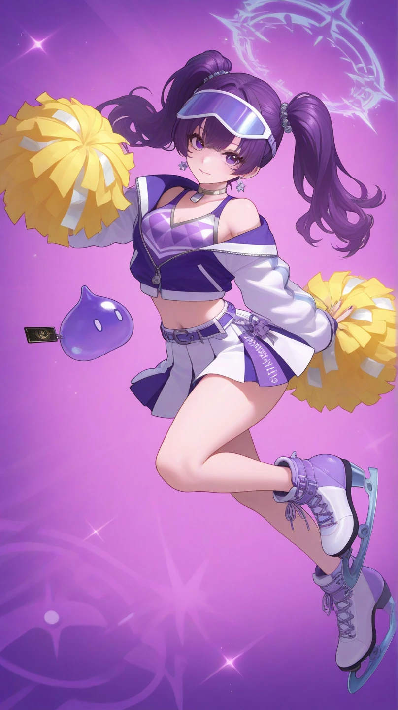 maternal smile, blushing, Pompones, uniform, crop top, midriff skirt, miniskirt, crop top overhang, clothes lift, large, sweat, thick thighs, (huge chest 1.5), cheerleader uniform, wet clothes, semi-transparent clothing, erect nipple under clothes, high ponytail, visible underwear, micro thong, (high thong), (standing on one leg), masterpiece, best quality,  Very detailed