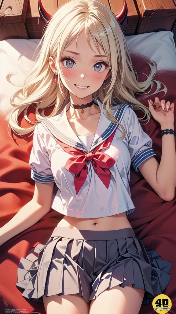 Jean, genshin impact, 1girl, solo, blue eyes, blonde hair, messy hair, (twintail), smile,  ((masterpiece)), highres, best quality, sailor uniform, serafuku, pleated skirt, face at viewer, look at viewer, bed, bedroom, lying on bed, lying, stocking, blush, shy, sexy pose, short sleeve, blush, sexy pose,