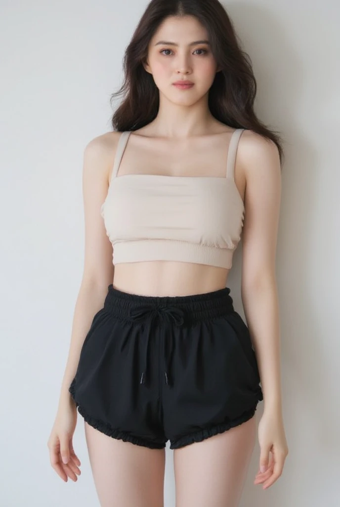 18 year old girl, pale white skin, long straight black hair, slim, thick legs, wearing very short black sports shorts