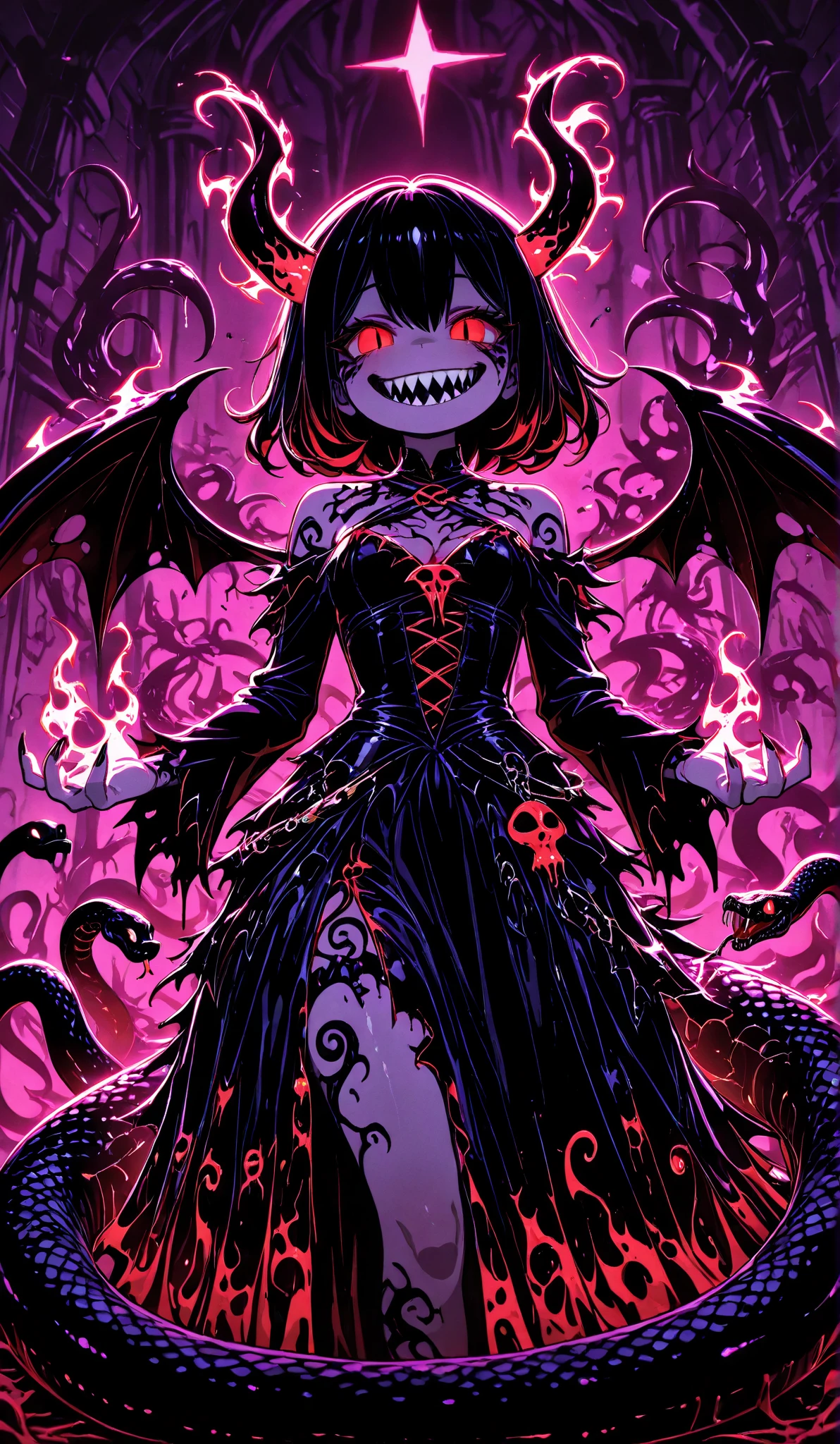 1 girl, (front view), wavy_hair, ponytails, long_sleeves, hair_accessories, (evil face:1.4) night, moonlight, dark graveyard, front-view, from_below, long_dress, black colorful dragon suit, armored, transparent armor, blurry_background, ultra high res,photorealistic:.1.4,uhd, (perfect_fingers:1.0), (perfect_legs:1.0), better_hands, More_Detail, (normal head size), evil smile