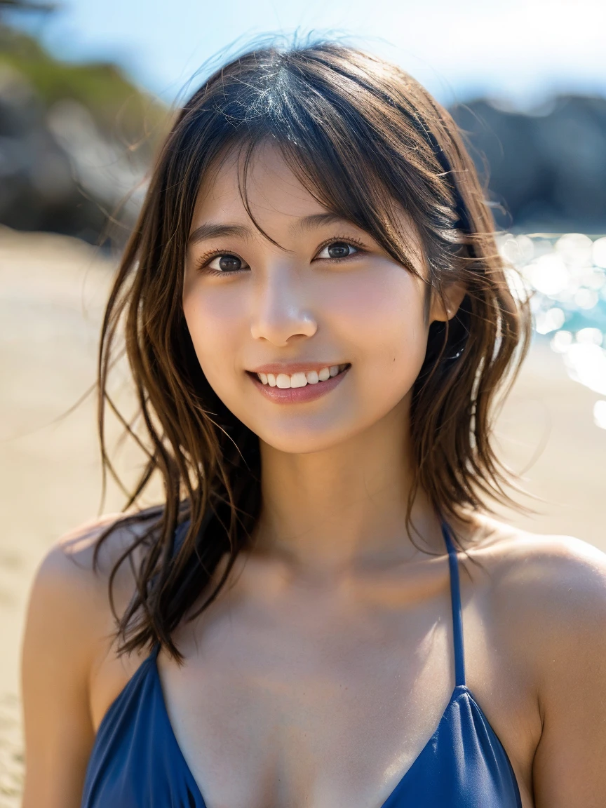 (RAW photo highest quality) (Realistic photo-like: 1.3) Top quality masterpiece、Very delicate and beautiful、Highly detailed CG Unity 32k wallpaper、An amazingly detailed masterpiece、Yellow sheer mesh bodysuit、Happy smile、Best quality CG Unity 32k wallpaper、Huge file sizes、Ultra-detailed high resolution、Highly detailed 1 Chinese girl、Slim body、Slim Abs、big breasts、Staring at the big camera (short hair) (brown hair) sharp focus hyperrealism on the beach
