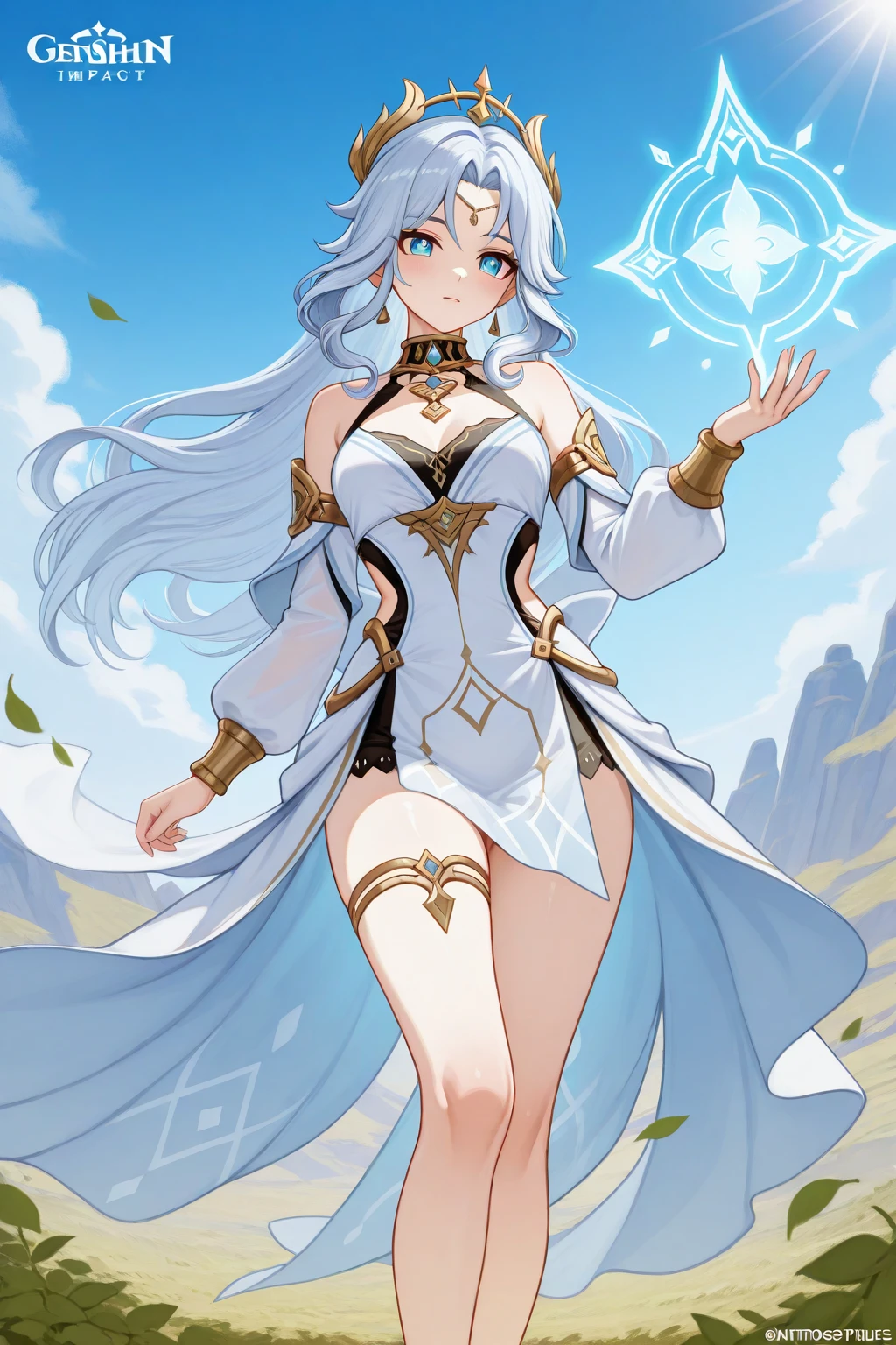 ((Masterpiece)), best quality, absurderes, ultra detailed, 8k, super complex details, intricate details, holographic, cowboy shot, golden ratio, super cute girl, neon aura, delicate and beautiful face, mature girl, idol girl, aura super beautiful asian girl with super beautiful glowing eyes, super beautiful glowing multicolored hair, super cute hairstyle, nice and sexy body, slim body, perfect body, wearing a super tight and super cute leotard, a super sexy divine armor and cute and celestial hair ornament, with a cute magical fantasy pet, in a beautiful garden with super beautiful flowers
