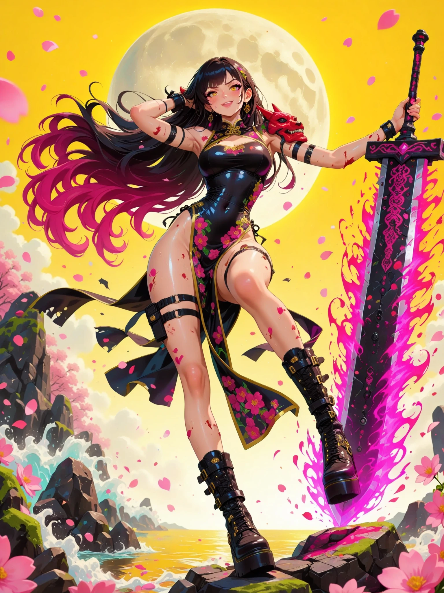 from front, looking at viewer, vortex, flying, dynamic action, fighting stance , [action pose, dynamic angle, foreshortening, perspective, depth of field], candy dragon,  woman,  candy striped dress, bare shoulders, [ponytail, bangs], face focus, (wrenchsweettail), big breasts,<lora:wrenchsweettail:0.9>  <lora:wuxia2:0.9>  wuxia, smile, red and white